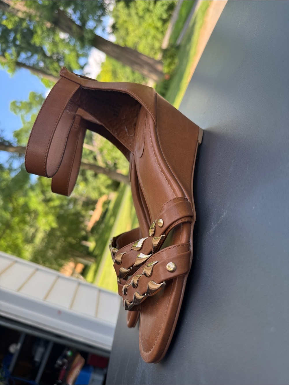 torrid Brown Braided Leather Ankle-Strap Sandals with Gold Accents - Picture 3 of 3